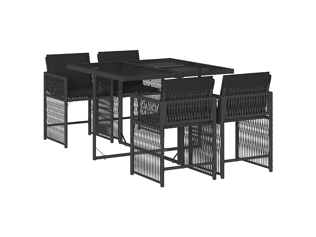 5 pcs conjunto de jantar p/ jardim c/ almofadões vime PE preto