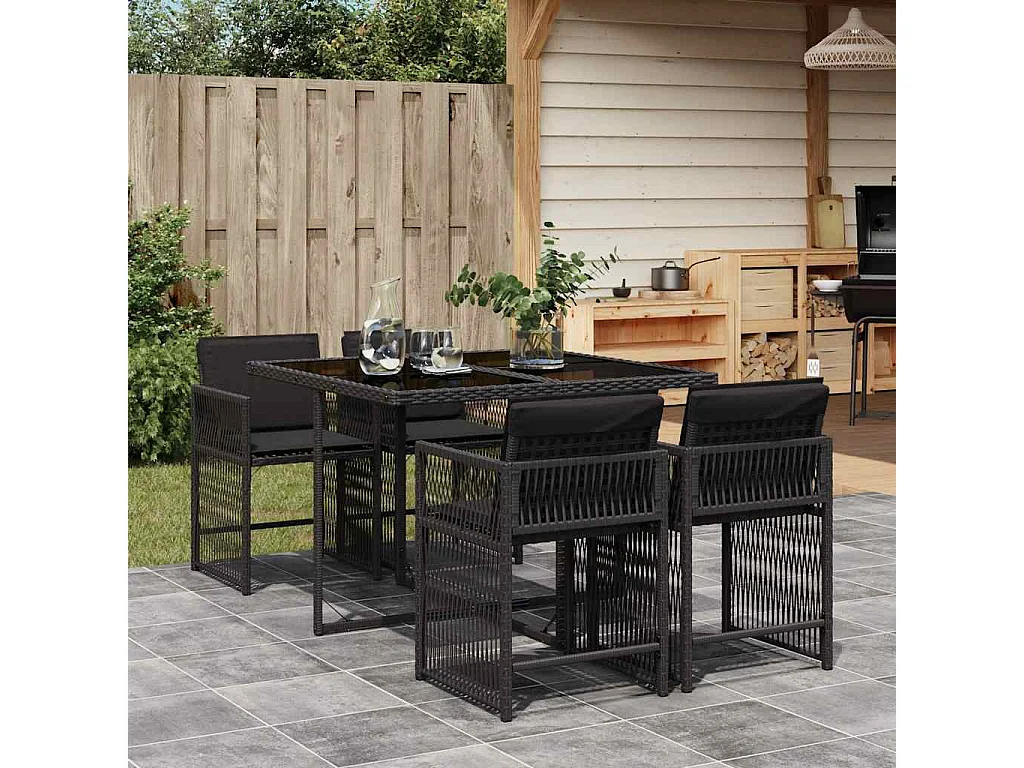 5 pcs conjunto de jantar p/ jardim c/ almofadões vime PE preto