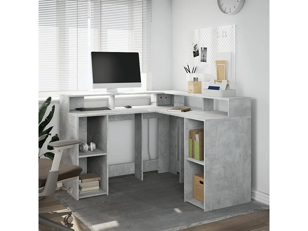 Bureau et lumières LED gris béton 130x130x91cm bois ingénierie