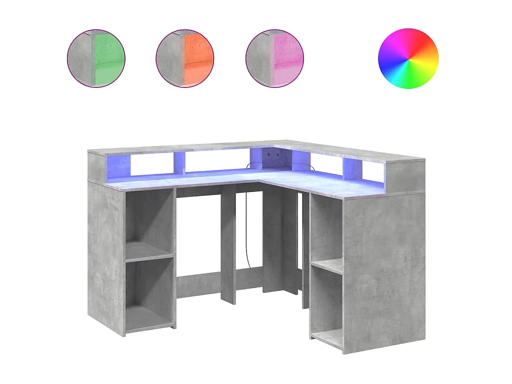 Bureau et lumières LED gris béton 130x130x91cm bois ingénierie