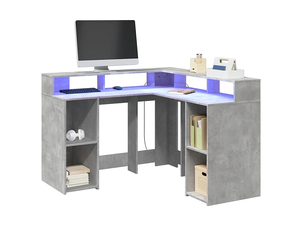 Bureau et lumières LED gris béton 130x130x91cm bois ingénierie