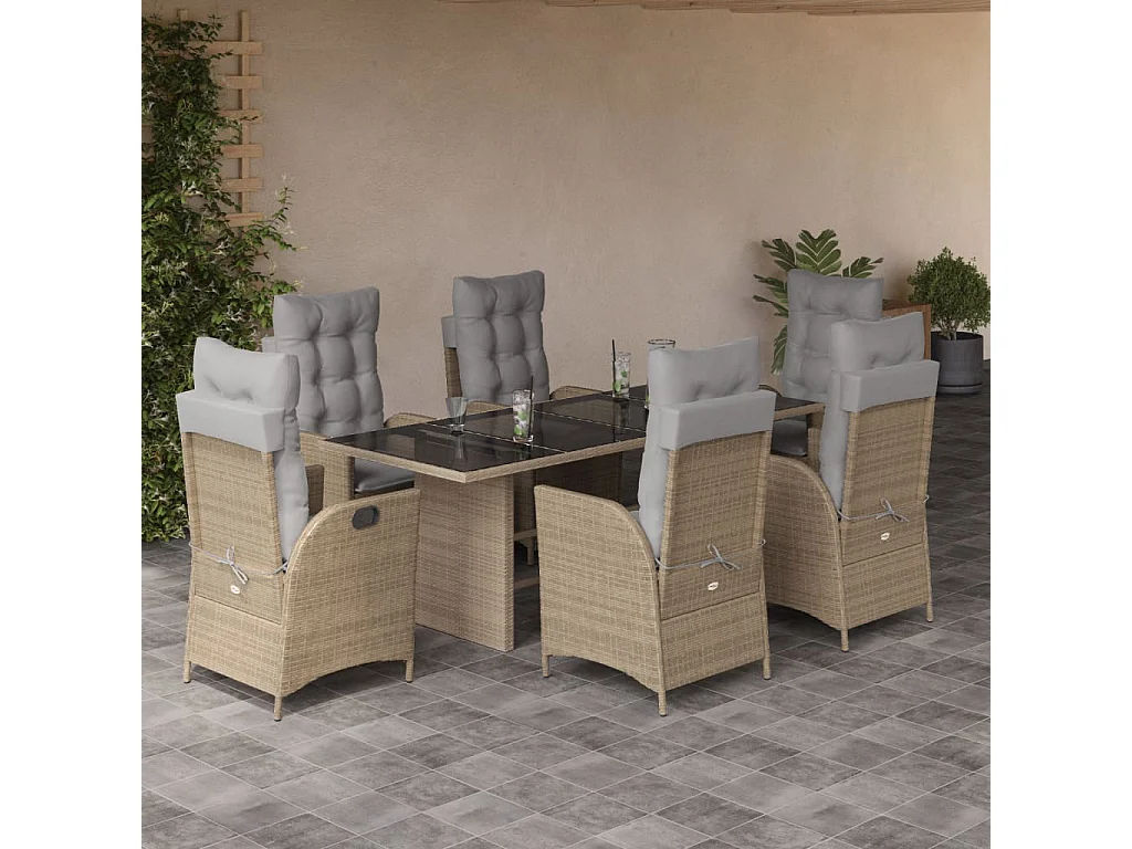 Set Pranzo da Giardino 7 pz con Cuscini Beige Misto Polyrattan