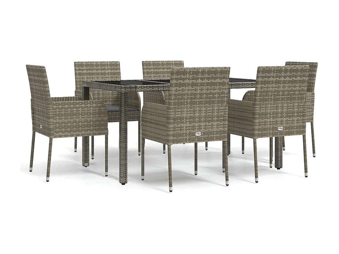 Set da Pranzo da Giardino 7 pz con Cuscini in Polyrattan Grigio