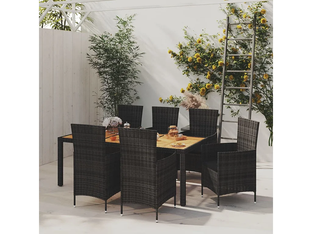 7-delige Tuinset met kussens poly rattan zwart