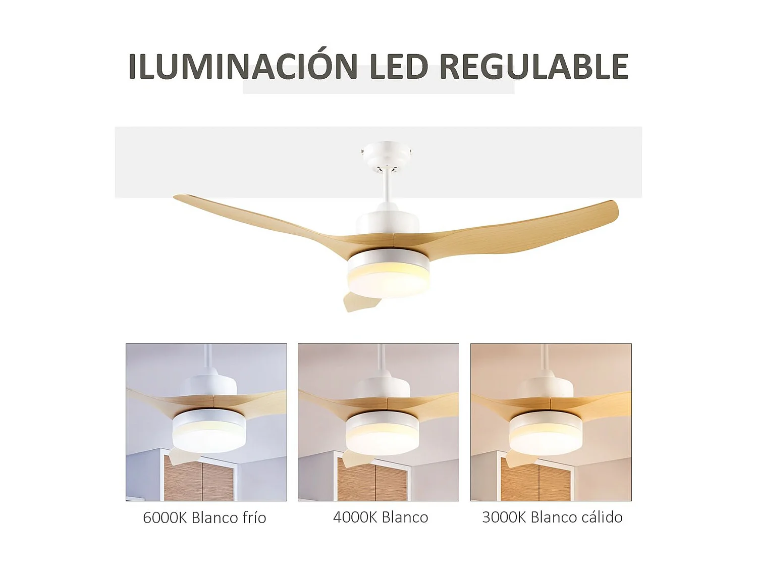 Ventilador de techo Rafia Homcom 20,5 W 3 aspas reversibles blanco/natural Ø132 cm