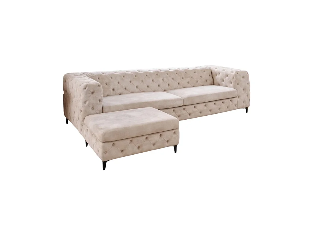 Sofa + poef VELENA champagne - Barokke set in fluweel met zwarte metalen poten