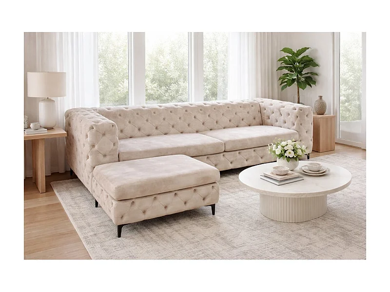 Canapé + pouf VELENA champagne – Ensemble baroque en velours avec pieds métal noirs