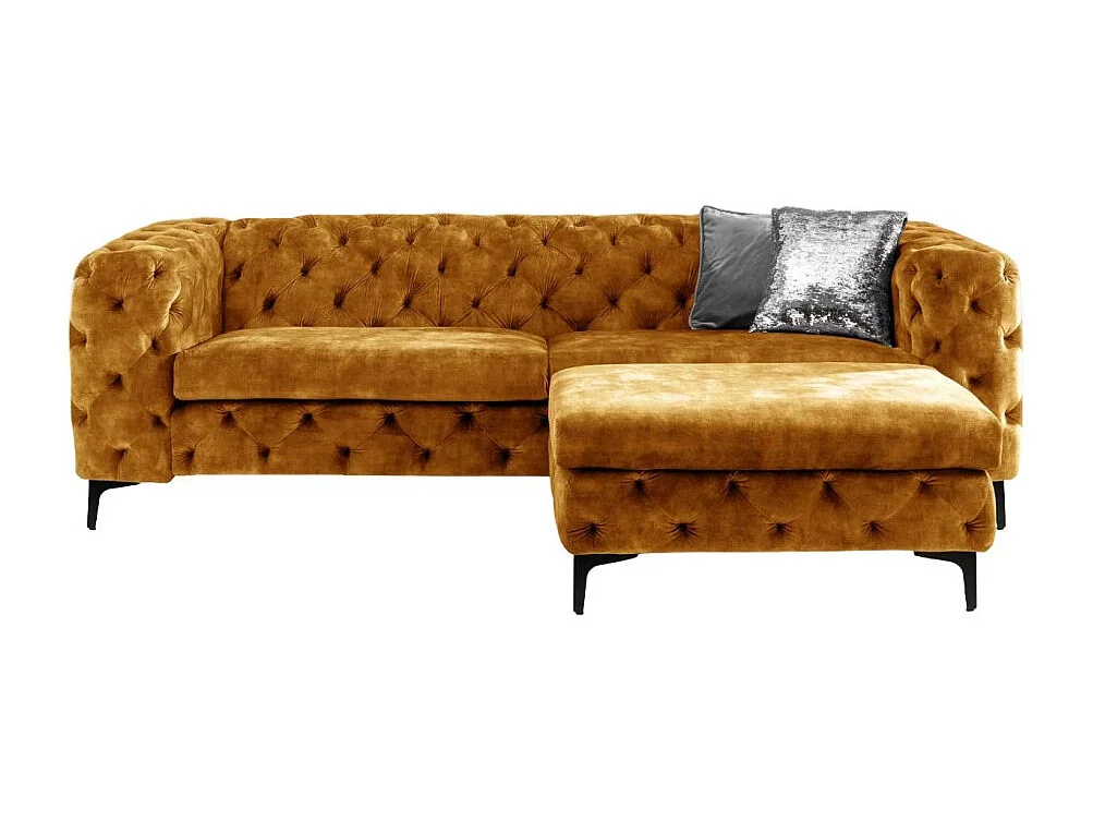 Canapé + pouf VELENA jaune moutarde – Ensemble baroque en velours avec pieds métal noirs