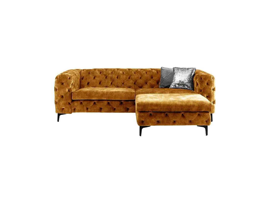 Sofa + poef VELENA mosterdgeel - Barokke set in fluweel met zwarte metalen poten