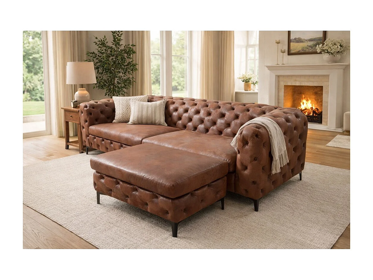 Canapé droit VELENA marron avec pouf – Canapé baroque en microfibre avec structure en bois massif