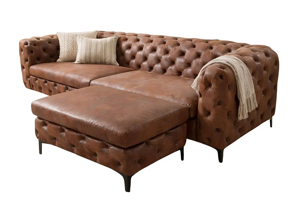 Canapé droit VELENA marron avec pouf – Canapé baroque en microfibre avec structure en bois massif