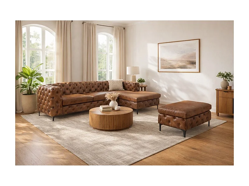 Canapé d'angle VELENA marron avec pouf – Canapé baroque en microfibre avec structure en bois massif