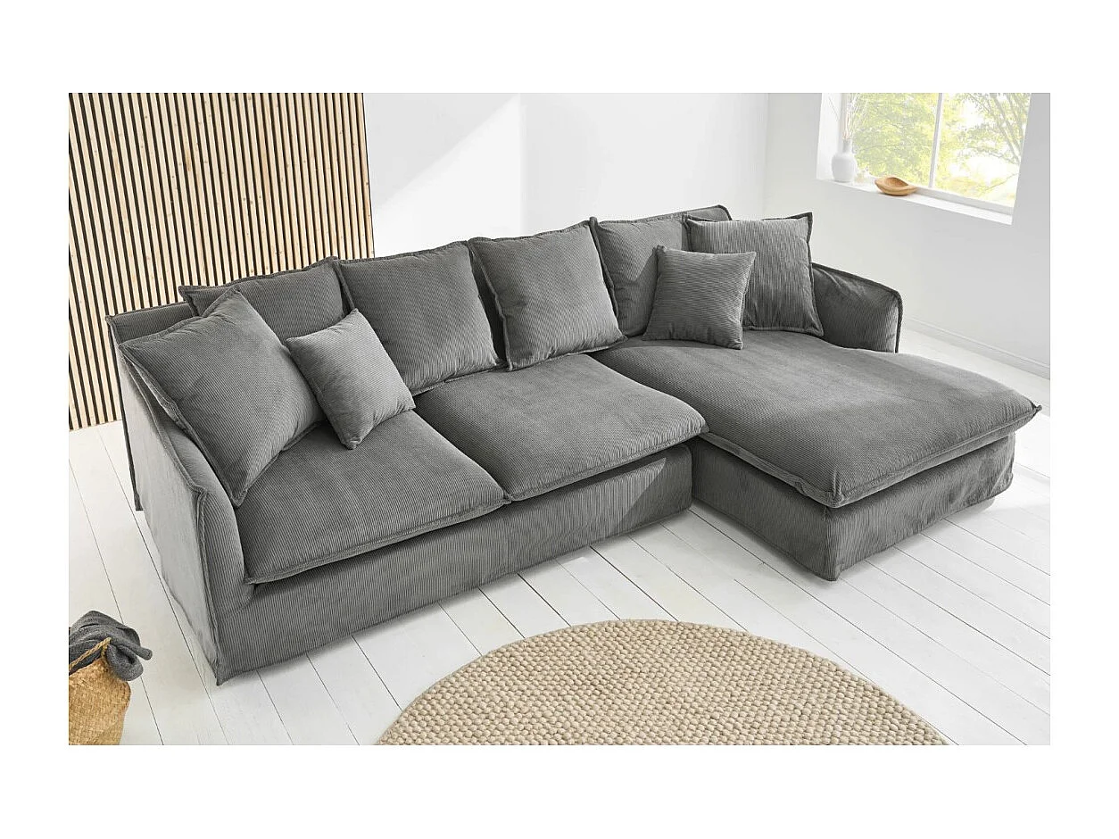 Canapé d'angle KALIA – Tissu côtelé gris – 4 places – Angle à droite – contemporain