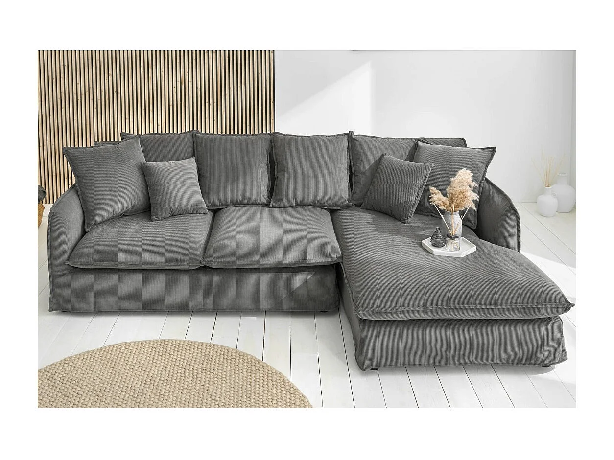 Canapé d'angle KALIA – Tissu côtelé gris – 4 places – Angle à droite – contemporain