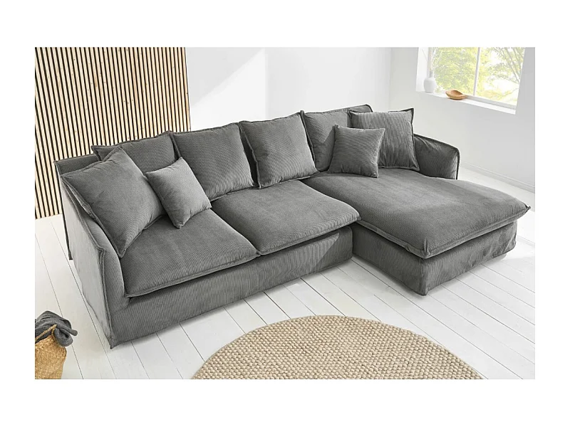 Hoekbank KALIA - Geribde grijze stof - 4 zitplaatsen - Rechterhoek - Hedendaags