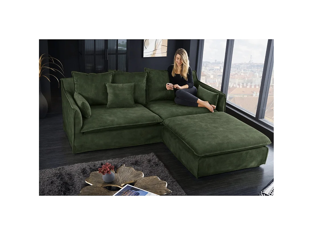 Canapé d'angle KALIA – Vert foncé – 4 places – Angle réversible – en velours – contemporain