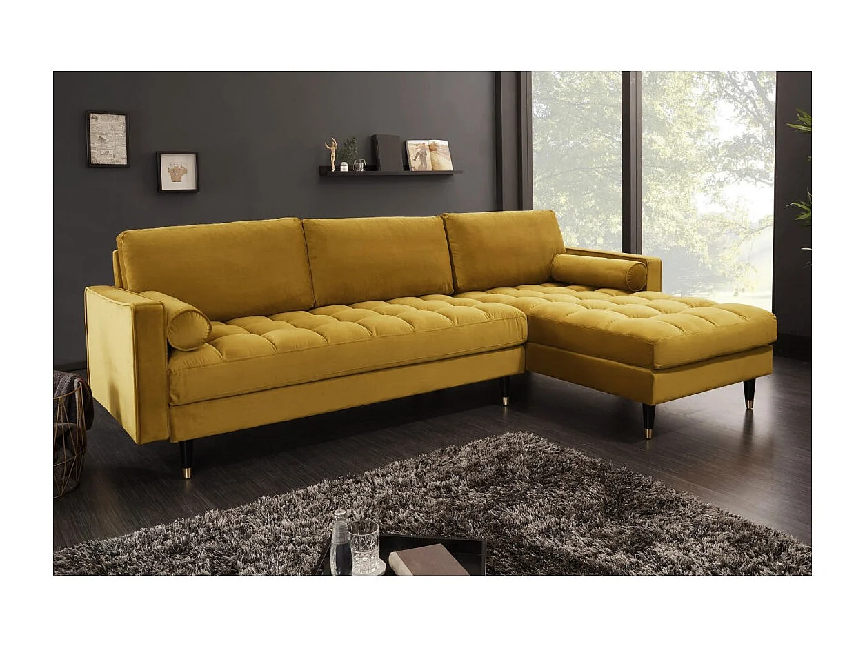 Canapé d'angle KOLIRI jaune moutarde – 4 places – Angle droit – Canapé design en velours et bois massif