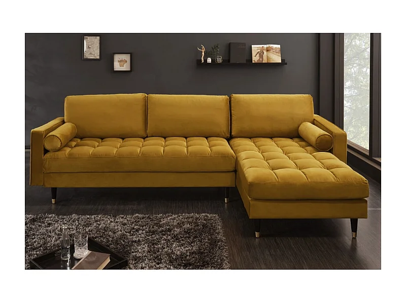 Canapé d'angle KOLIRI jaune moutarde – 4 places – Angle droit – Canapé design en velours et bois massif