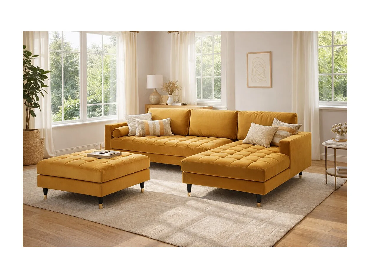 Canapé d'angle KOLIRI jaune moutarde avec pouf – 5 places, angle à droite