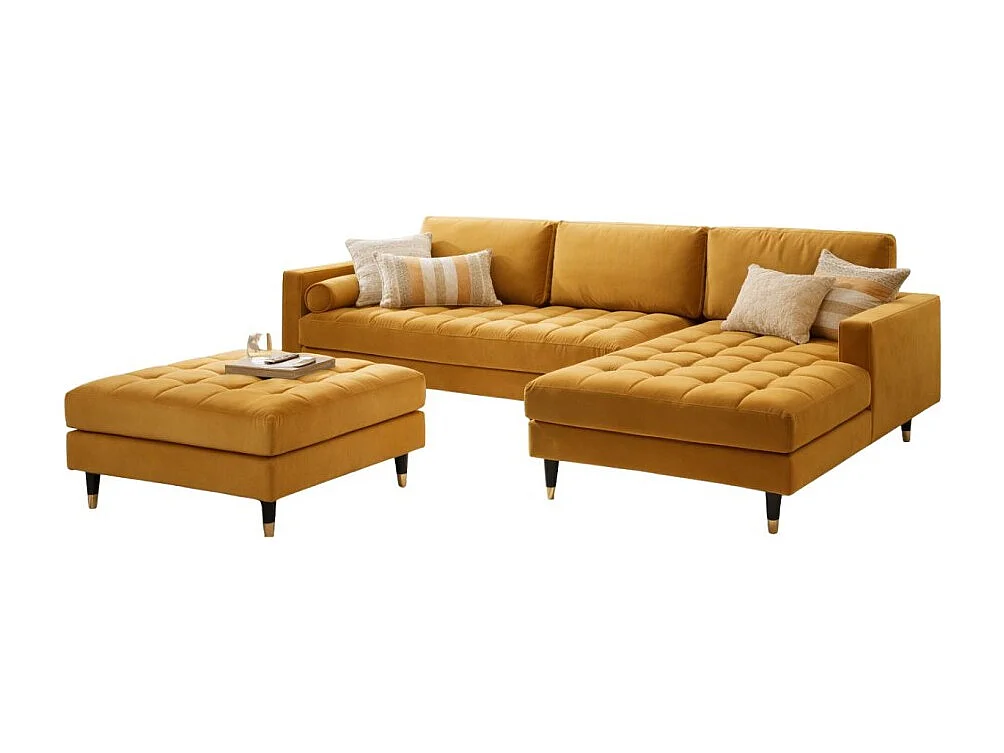 Canapé d'angle KOLIRI jaune moutarde avec pouf – 5 places, angle à droite
