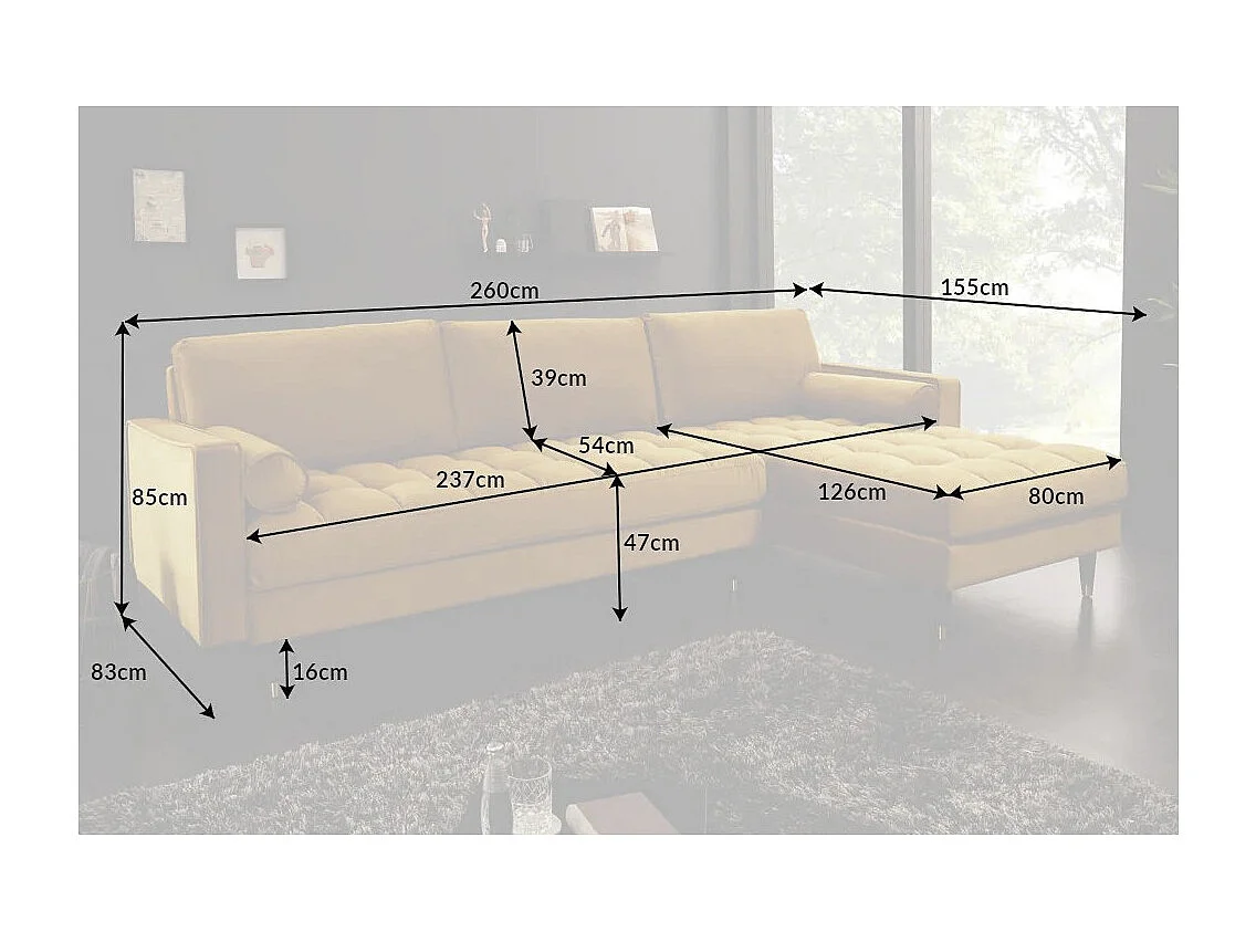 Canapé d'angle KOLIRI jaune moutarde avec pouf – 5 places, angle à droite