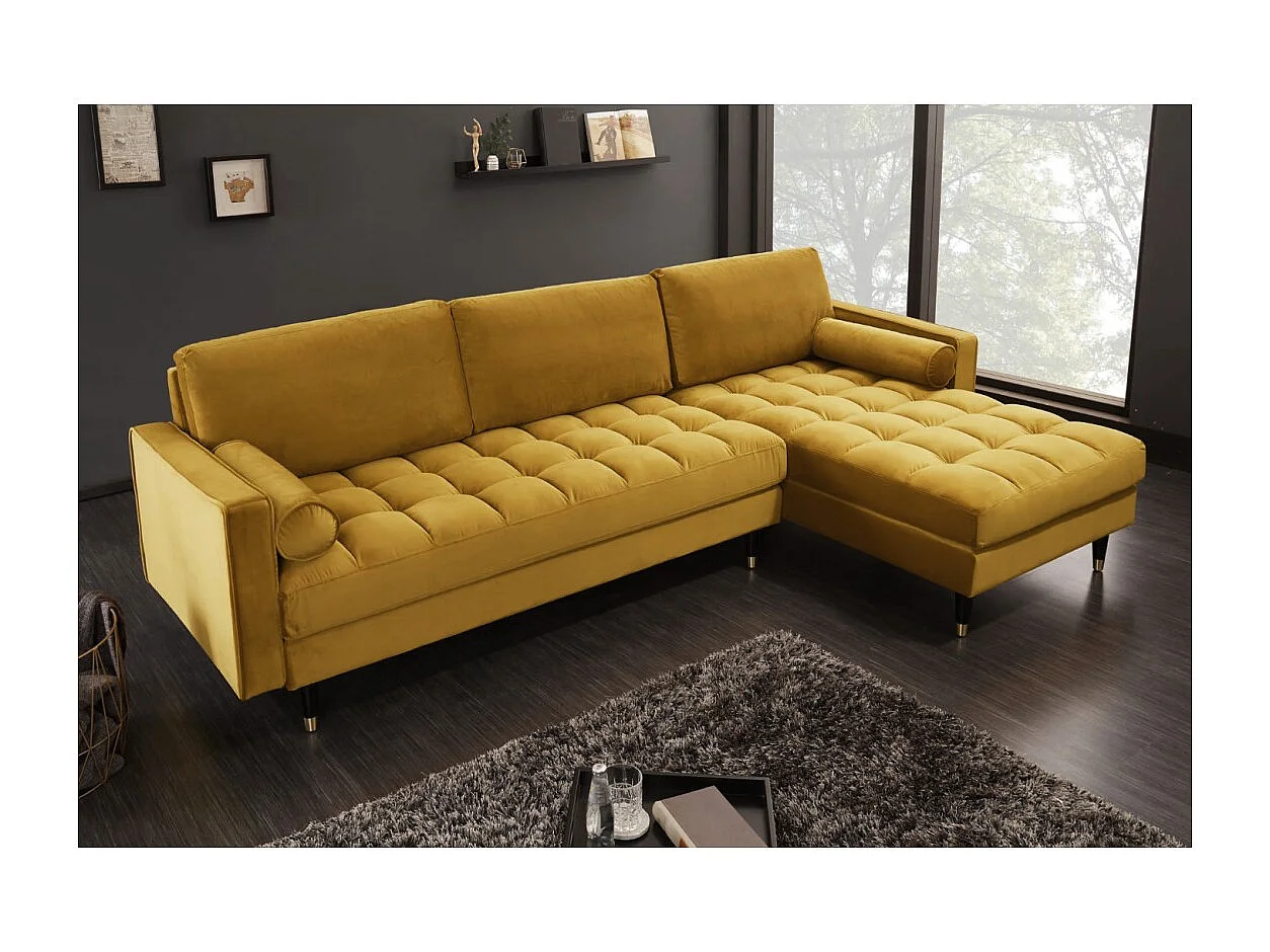 Canapé d'angle KOLIRI jaune moutarde avec pouf – 5 places, angle à droite