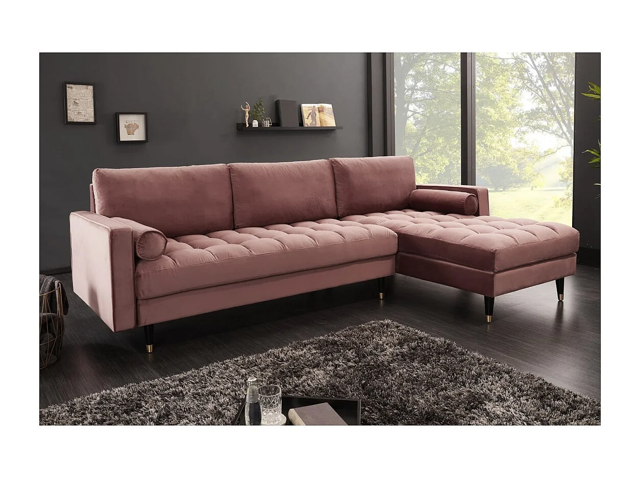 Canapé d'angle KOLIRI rose poudré – 4 places – Angle droit – Canapé design en velours et bois massif
