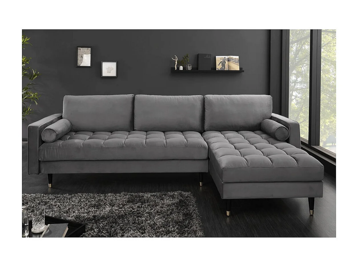 Canapé d'angle KOLIRI gris – 4 places – Angle droit – Canapé design en velours et bois massif