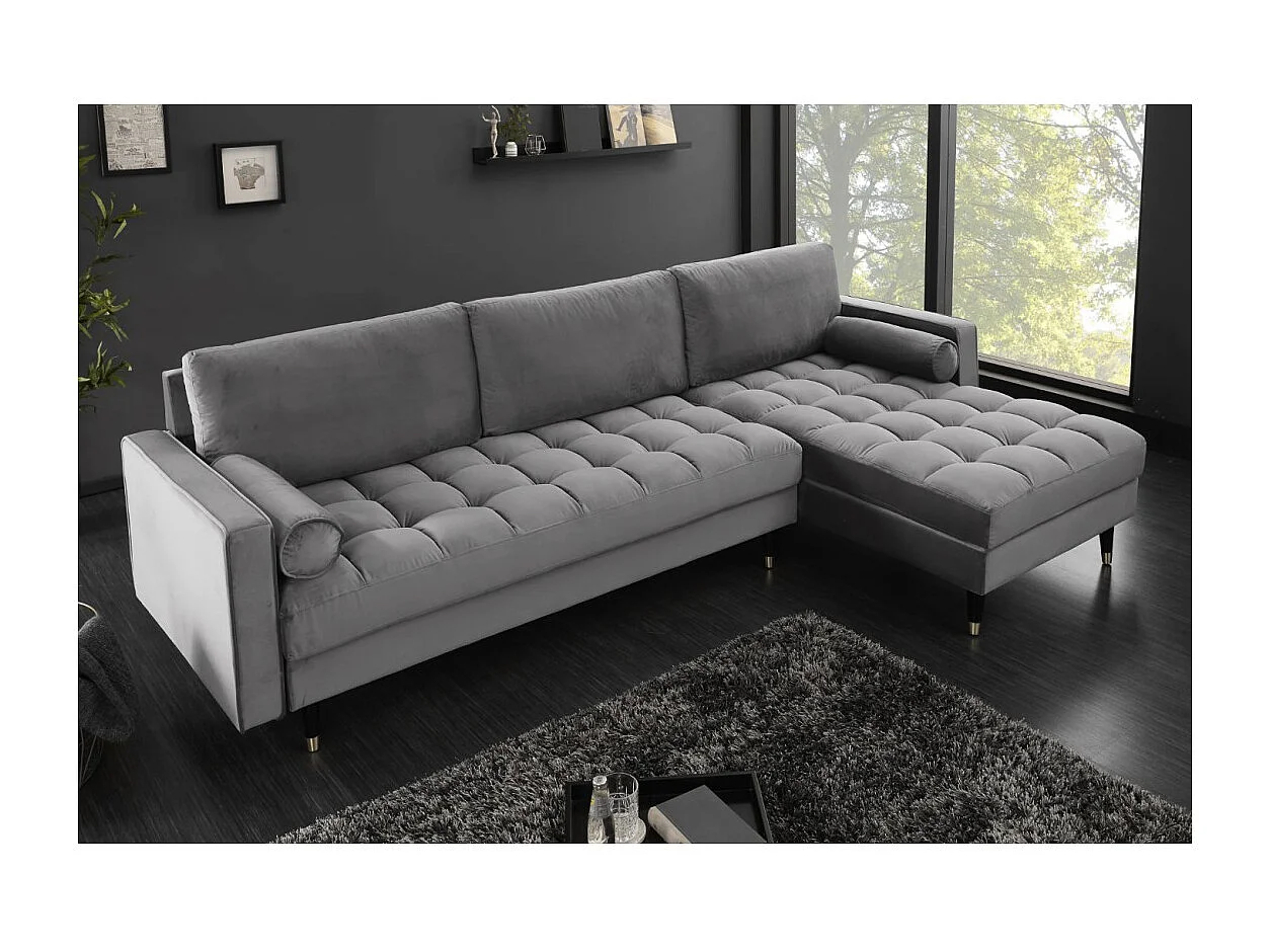 Canapé d'angle KOLIRI gris – 4 places – Angle droit – Canapé design en velours et bois massif