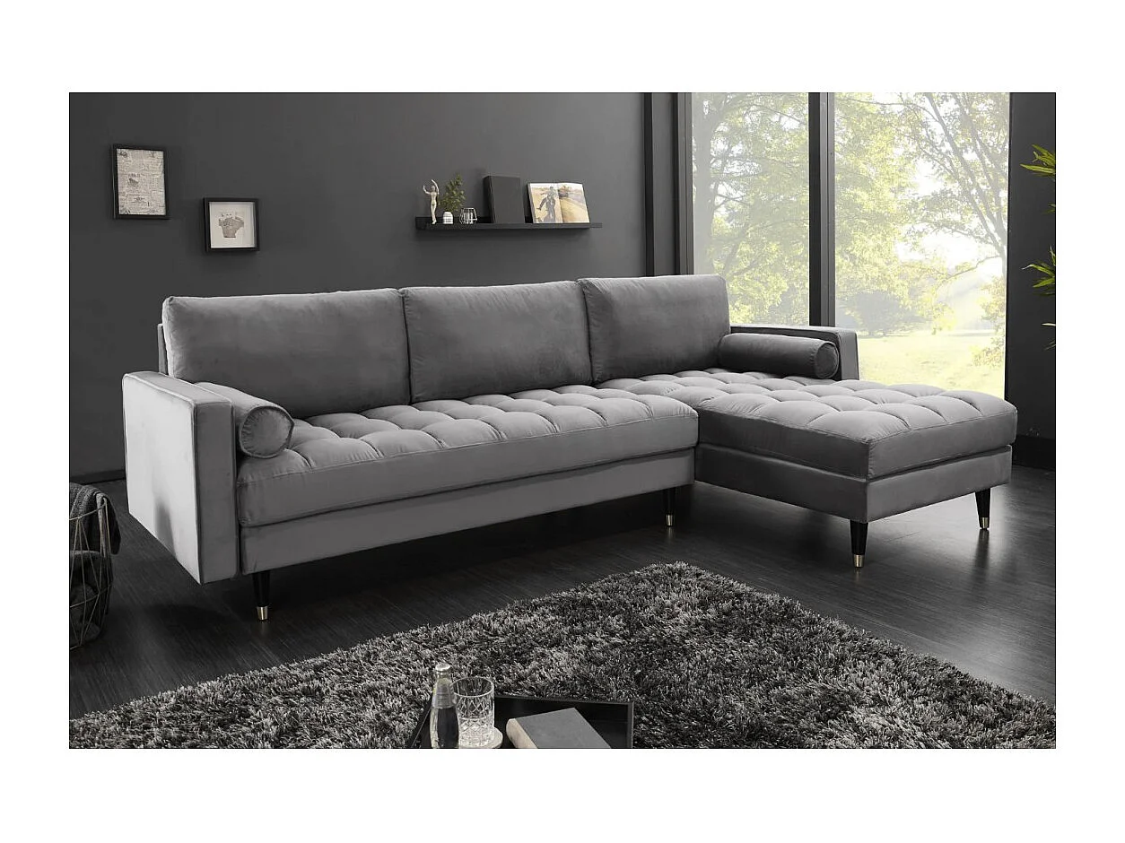 Canapé d'angle KOLIRI gris – 4 places – Angle droit – Canapé design en velours et bois massif