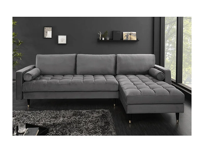 Sofá de esquina KOLIRI gris – 4 plazas – Ángulo derecho – Sofá de diseño en terciopelo y madera maciza