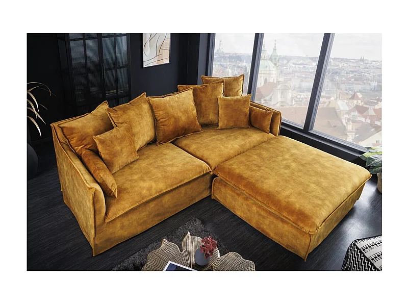 Canapé d'angle KALIA – Jaune moutarde – 4 places – Angle réversible – en velours – contemporain