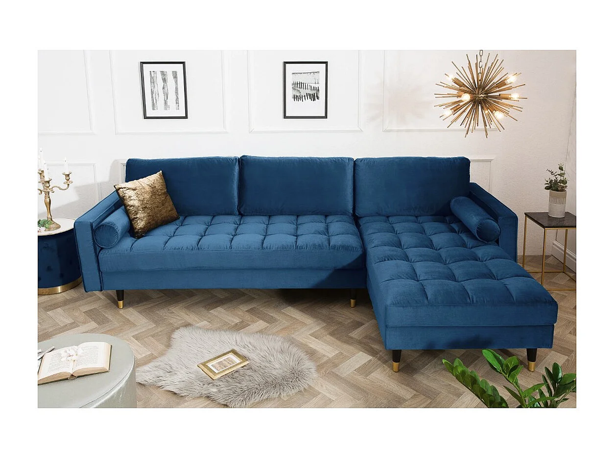 Sofá de esquina KOLIRI azul – 4 plazas – Ángulo derecho – Sofá de diseño en terciopelo y madera maciza