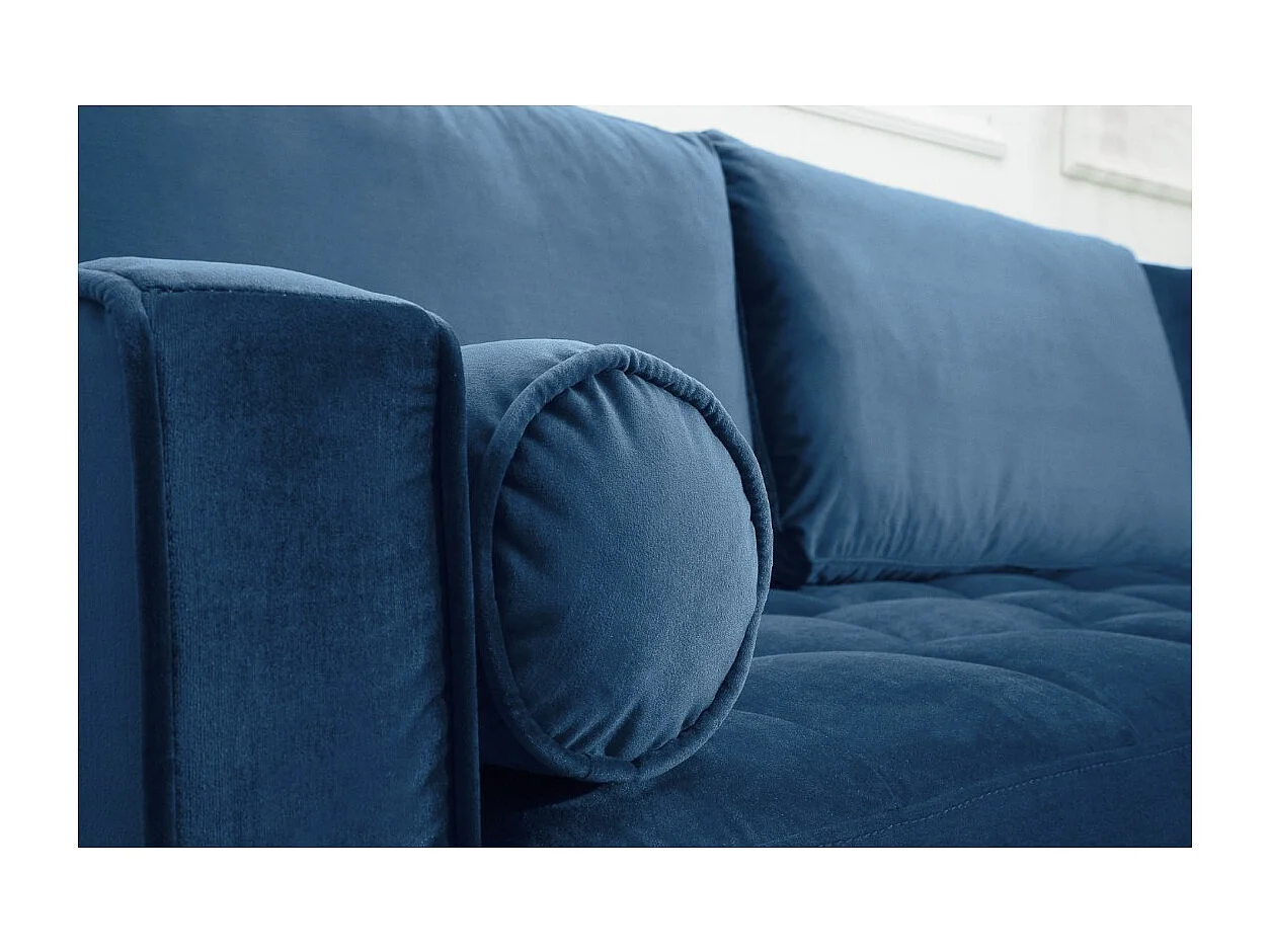 Sofá de esquina KOLIRI azul – 4 plazas – Ángulo derecho – Sofá de diseño en terciopelo y madera maciza