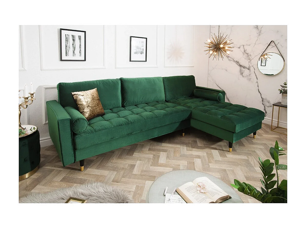 Sofá de esquina KOLIRI verde esmeralda – 4 plazas – Ángulo derecho – Sofá de diseño en terciopelo y madera maciza