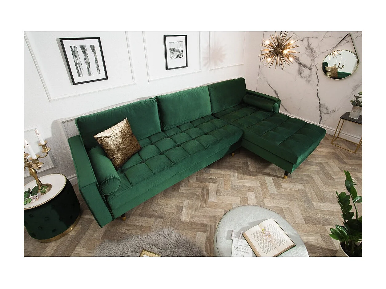 Sofá de esquina KOLIRI verde esmeralda – 4 plazas – Ángulo derecho – Sofá de diseño en terciopelo y madera maciza