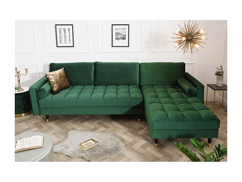 Sofá de esquina KOLIRI verde esmeralda – 4 plazas – Ángulo derecho – Sofá de diseño en terciopelo y madera maciza