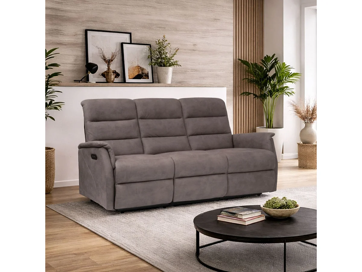 Canapé 3 places relax électrique tissu polyester imitation cuir gris-brun marbré - DONATELLO