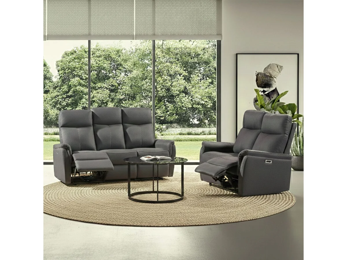 Canapé 2 places relax électrique tissu polyester imitation cuir gris foncé - GIACOMO
