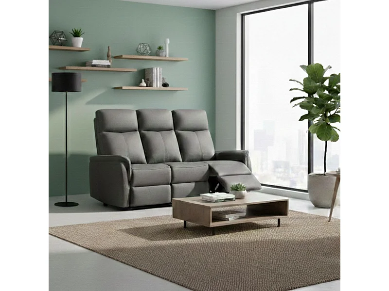 Canapé 3 places relax électrique tissu polyester imitation cuir gris foncé - GIACOMO