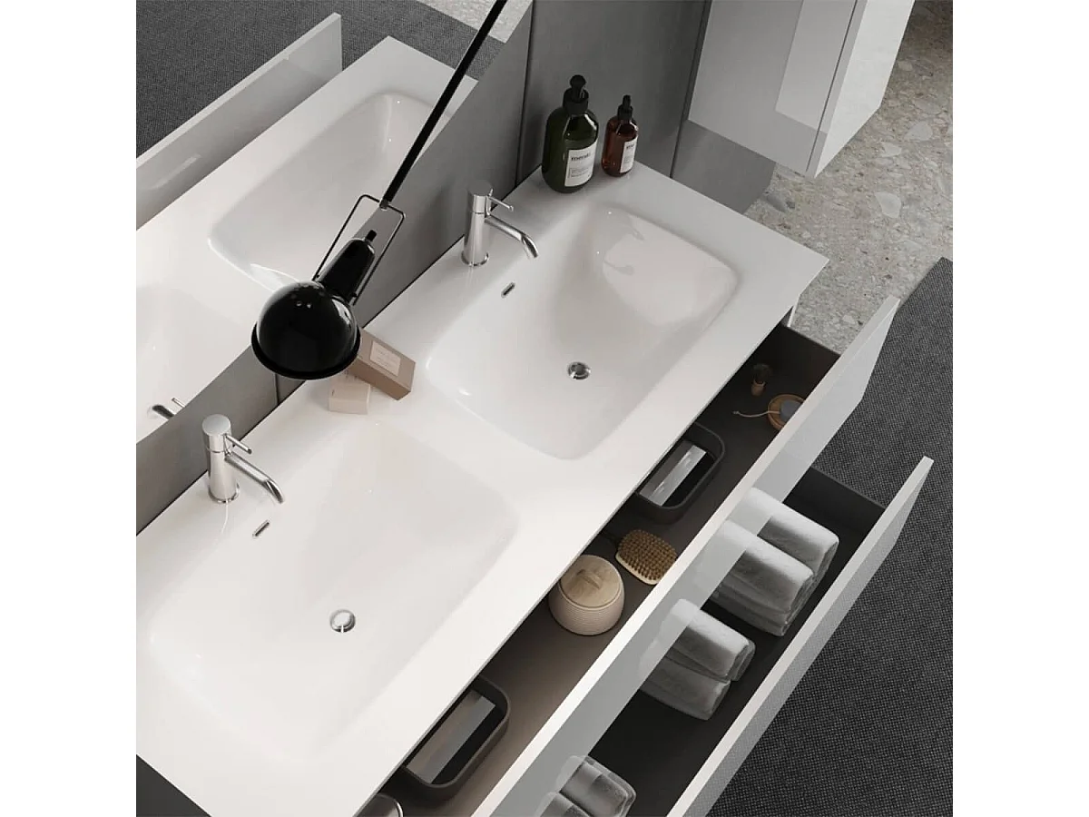 Meuble 122cm 3 tiroirs avec vasque finition blanc laqué - BIRJA