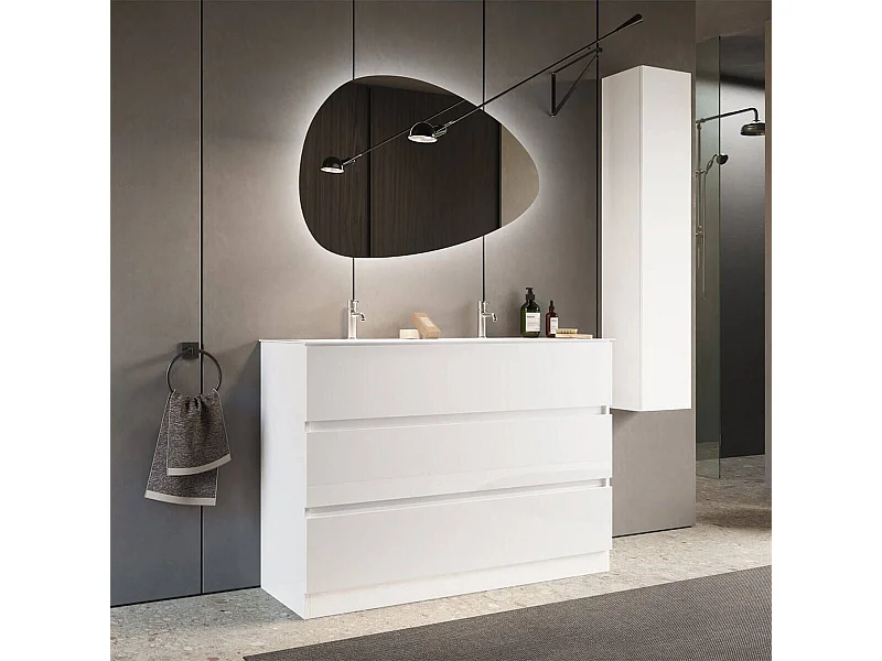 Meuble Vasque 122cm 3 tiroirs finition blanc laqué - BIRJA