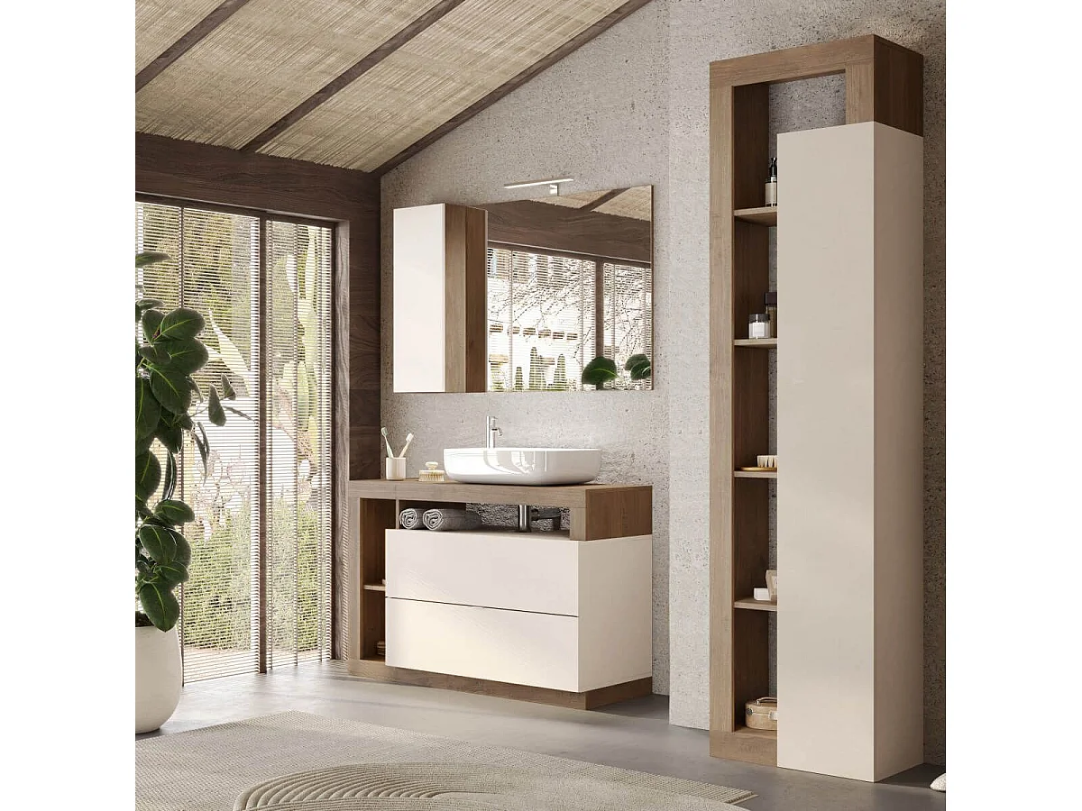 ARTURO - Meuble Vasque 110cm 2 tiroirs beige laqué et aspect bois finition Mercure
