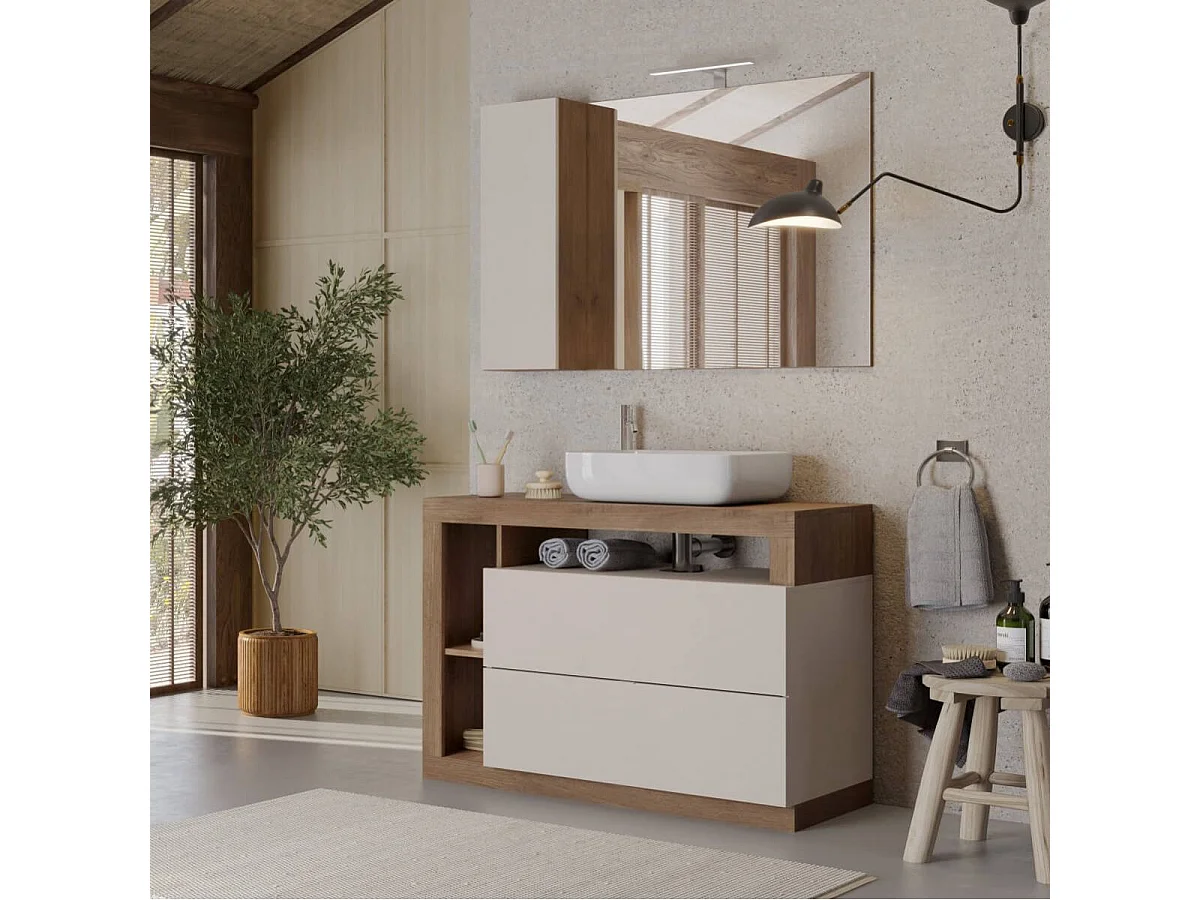 ARTURO - Meuble Vasque 110cm 2 tiroirs beige laqué et aspect bois finition Mercure
