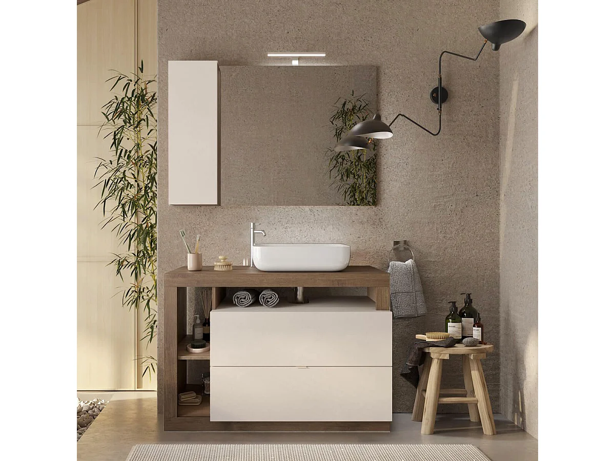 ARTURO - Meuble Vasque 110cm 2 tiroirs beige laqué et aspect bois finition Mercure