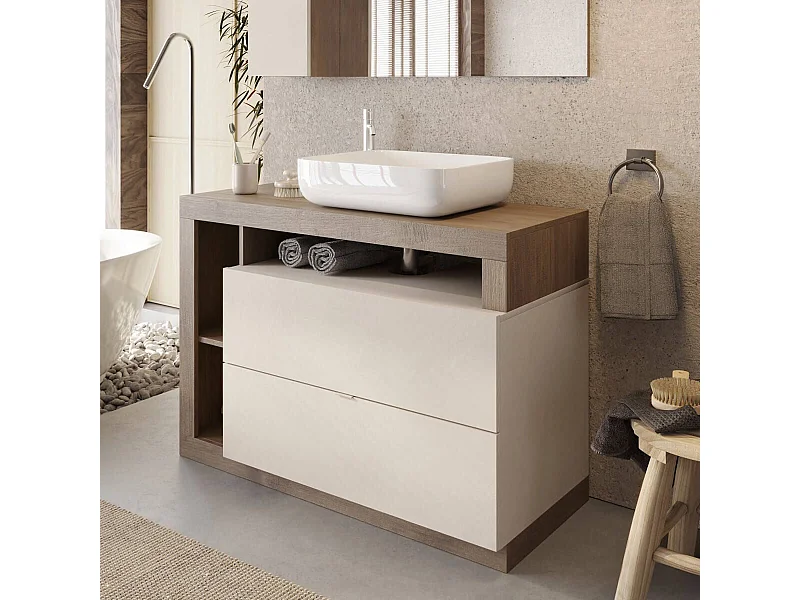 ARTURO - Meuble Vasque 110cm 2 tiroirs beige laqué et aspect bois finition Mercure