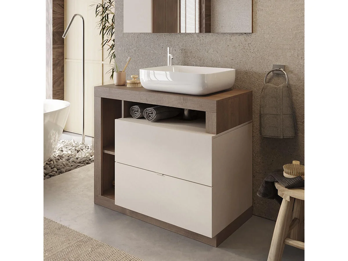 ARTURO - Meuble Vasque 92cm 2 tiroirs beige laqué et aspect bois finition Mercure