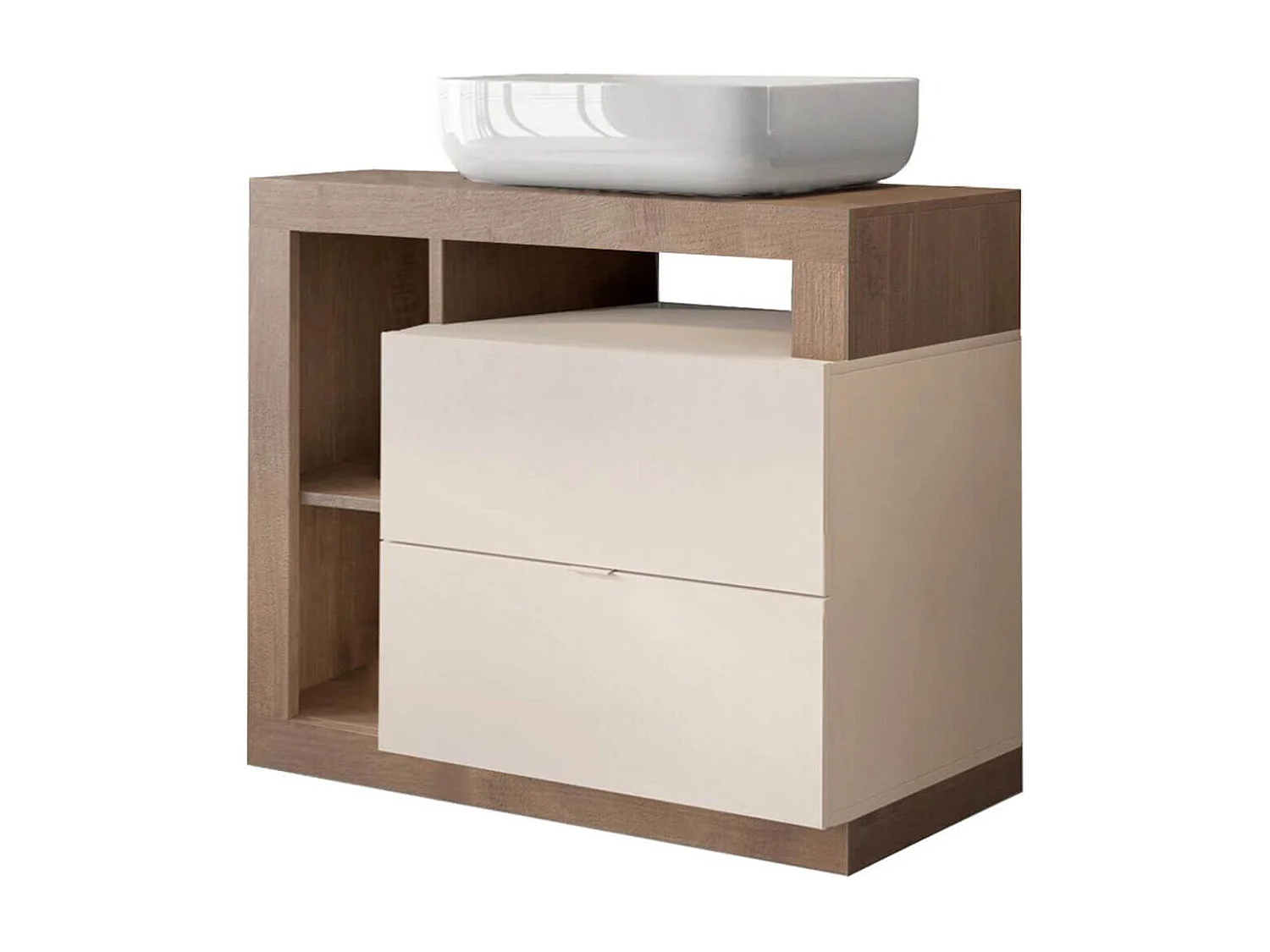 ARTURO - Meuble Vasque 92cm 2 tiroirs beige laqué et aspect bois finition Mercure