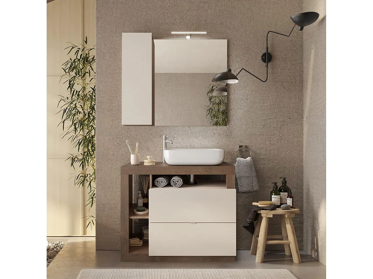 ARTURO - Meuble Vasque 92cm 2 tiroirs beige laqué et aspect bois finition Mercure