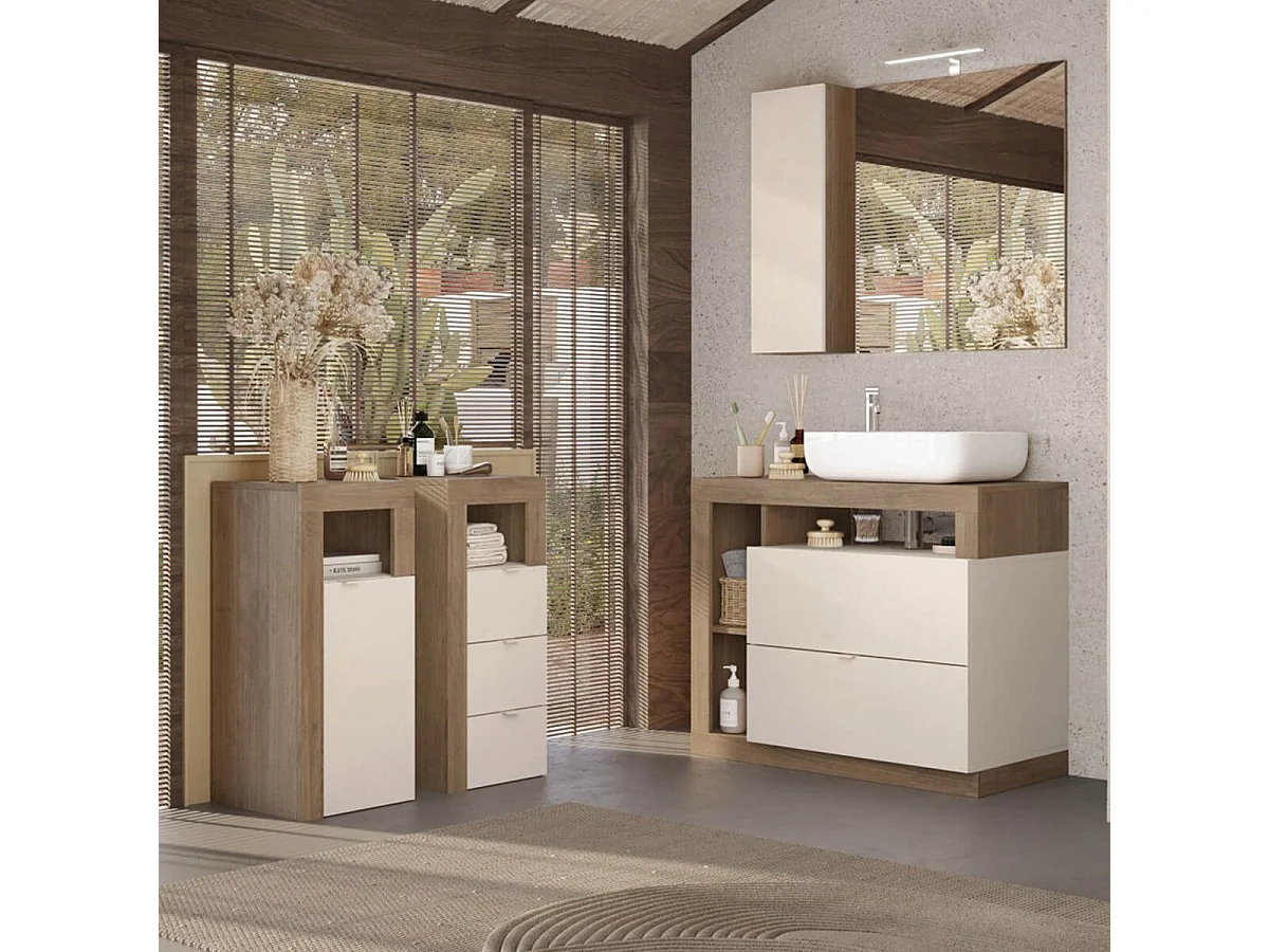 ARTURO - Meuble Vasque 92cm 2 tiroirs beige laqué et aspect bois finition Mercure